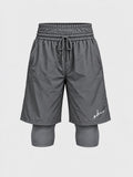 Graue Awrah Performance Shorts 2.0 mit Kordelzug und langer Innenhose, freigestellte Frontansicht