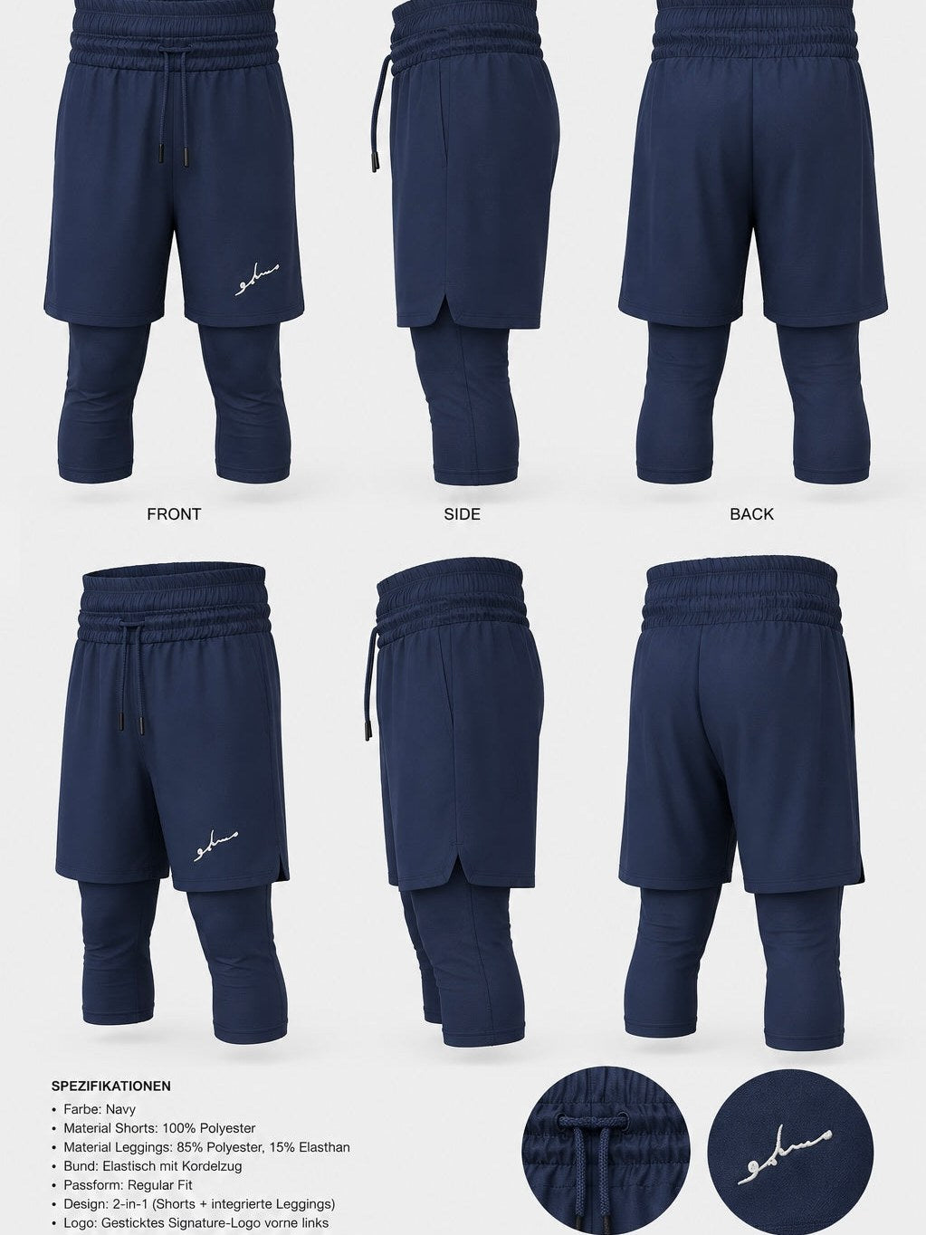 Muslimu Awrah Performance Shorts in Marineblau – Ansichten und Materialdetails